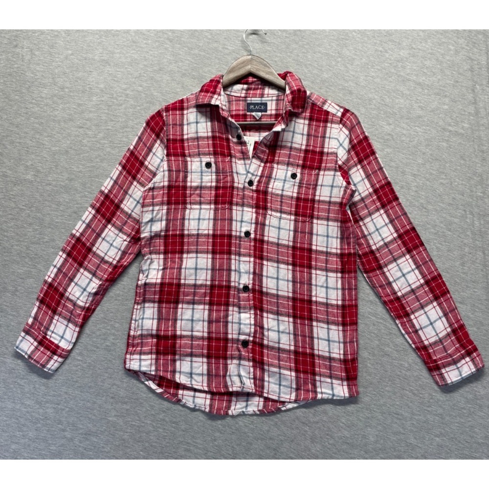 The Children's Place Flannel Shirt Boys Large (10/12) Red Multi Plaid Button Up